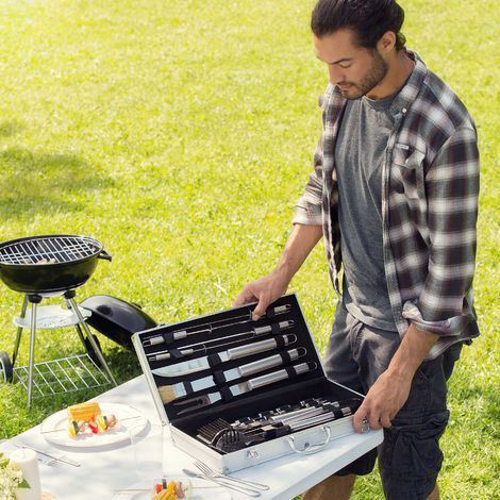 Set de 10 ustensiles barbecue en inox et sac de rangement noir