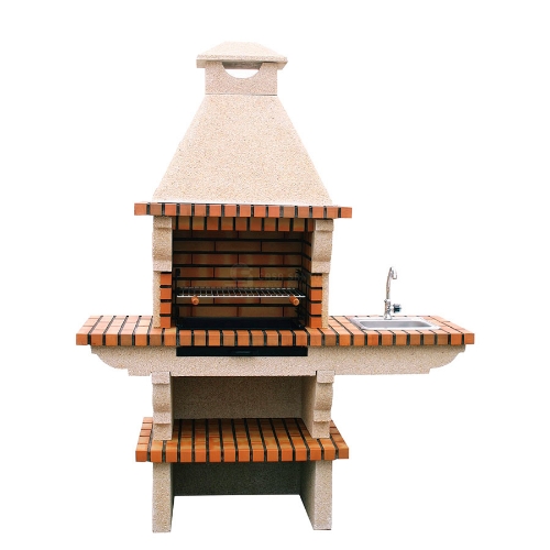 Barbecue fixe en pierre et brique avec évier inox et cheminée CS118-60