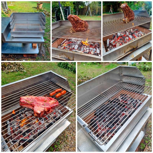 Barbecue à poser en inox 80 cm Premium en utilisation extérieure avec grillades
