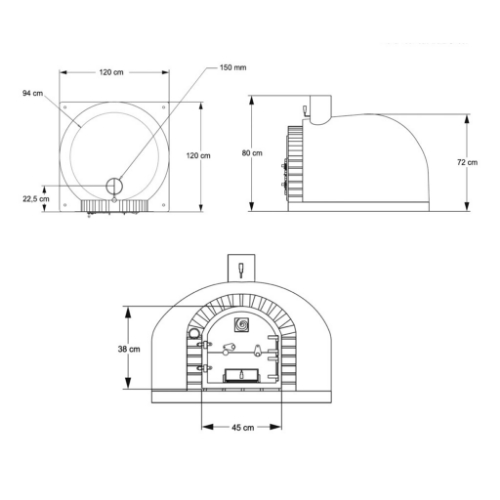 Plan technique et dimensions du four à bois REAL 120 cm pour installation extérieure