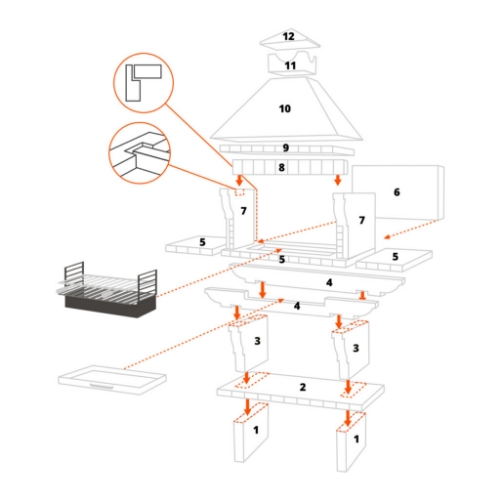 Structure et composants du barbecue CS114-80 en brique avec grill 80 cm
