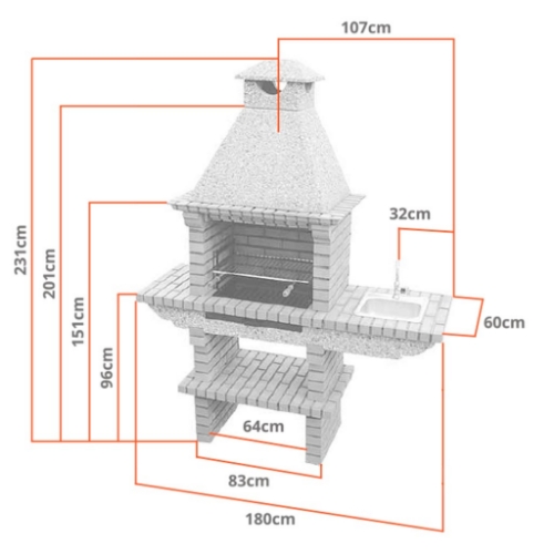 Dimensions du barbecue fixe extérieur en brique avec grill 60 cm et évier CS120-60