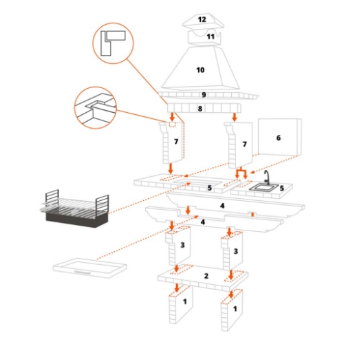 Schéma de montage du barbecue fixe en brique avec grill 60 cm et évier inox CS120-60