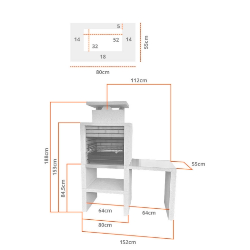 Dimensions barbecue en pierre avec plan de travail inox largeur 152 cm hauteur 188 cm