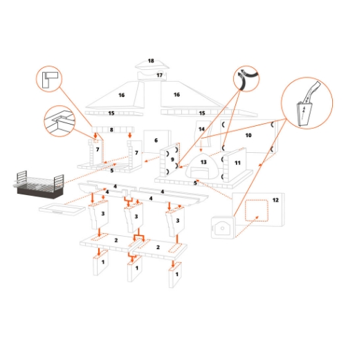 Schéma de montage cuisine extérieure CS124 barbecue + four à bois/pizza, pièces numérotées