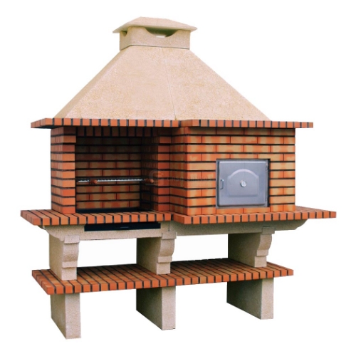 Cuisine extérieure CS124 avec barbecue et four à pizza au bois, briques et pierre, hotte avec cheminée