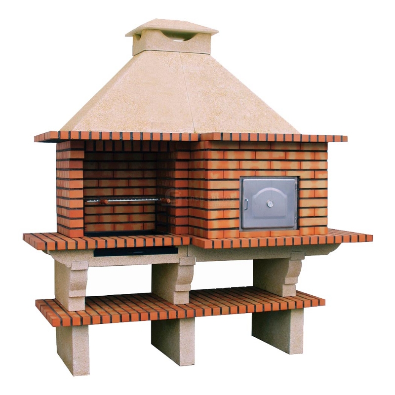 Cuisine extérieure CS124 avec barbecue et four à pizza au bois, briques et pierre, hotte avec cheminée