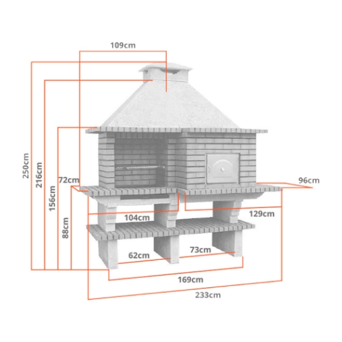 Dimensions cuisine extérieure CS124 : largeur 233 cm, profondeur 96 cm, hauteur 250 cm, plan 88 cm