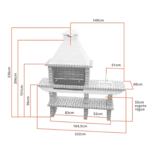 Dimensions barbecue en brique avec évier inox CS139-80 – 232 cm largeur, 60 cm profondeur, 236 cm hauteur