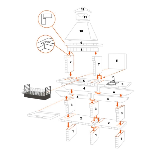 Schéma de montage barbecue en brique CS139-80 avec grill 80 cm et évier – vue éclatée des éléments