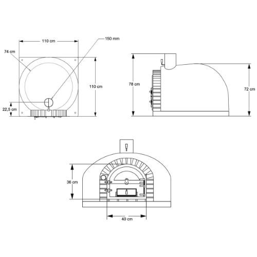 Schéma technique et dimensions du four à bois en granit naturel 110 cm