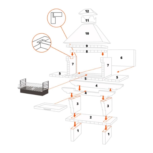 Plan d'assemblage numéroté pour le barbecue modulaire en brique et pierre