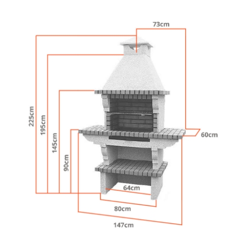 Dimensions du barbecue fixe CS106 : Hauteur 225cm, Largeur 147cm, Grille 60x38cm