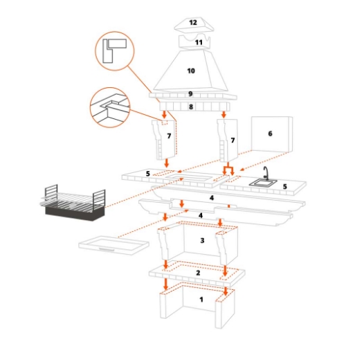 Schéma de montage barbecue en brique avec évier CS118-60 – vue éclatée des éléments et bloc gril