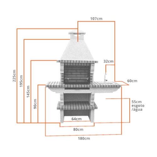 Dimensions barbecue en brique avec évier inox CS118-60 – 180 cm largeur, 60 cm profondeur, 225 cm hauteur