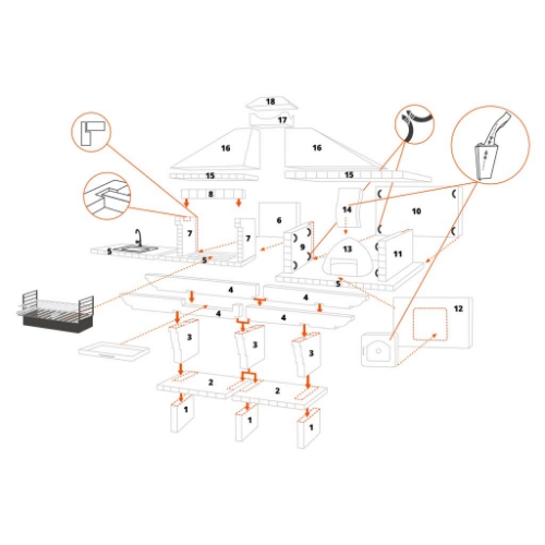 Schéma de montage cuisine extérieure CS143 barbecue 60x40 et four à bois Ø75 cm
