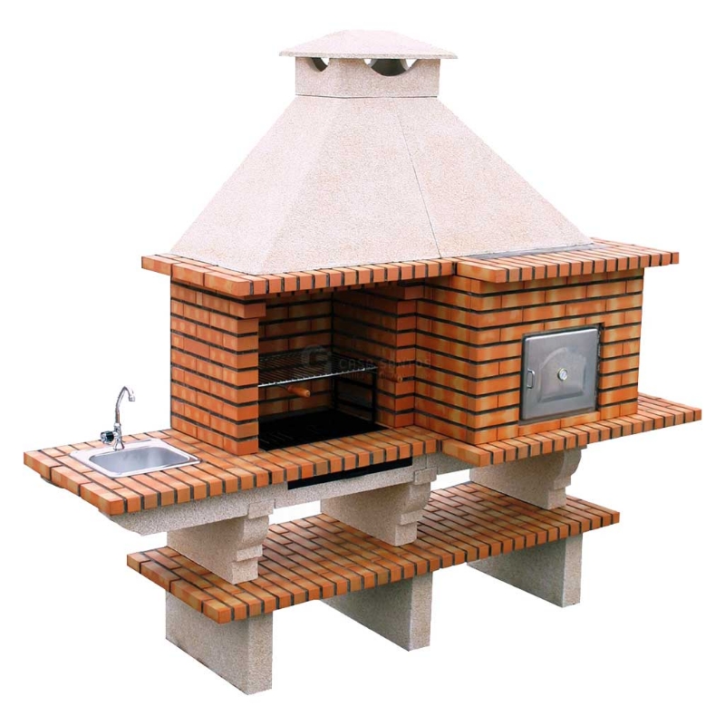 Cuisine extérieure CS143 avec évier inox, barbecue 60x40 et four à pizza au bois Ø75 cm