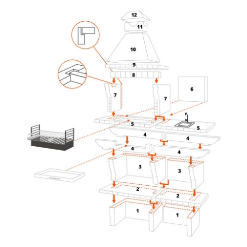 Schéma de montage barbecue en brique CS121-60 avec évier inox