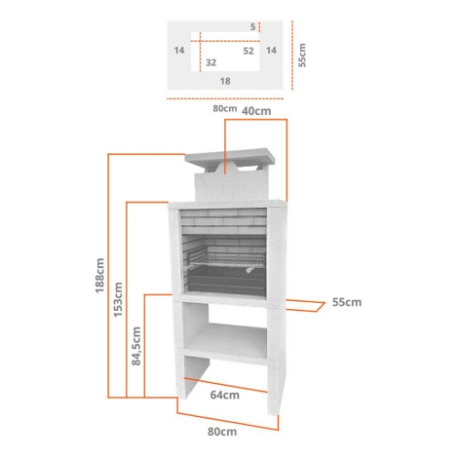 Dimensions barbecue en pierre reconstituée FR-CS601-60 80 x 55 x 188 cm