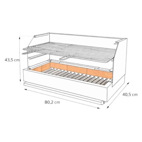 Schéma technique barbecue à poser inox 80 cm avec dimensions et intérieur réfractaire