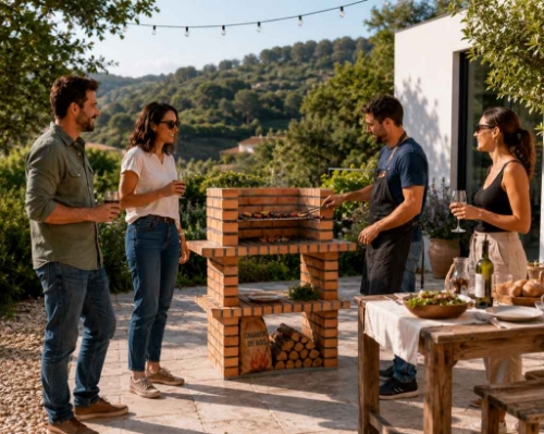 Barbecue extérieur en brique réfractaire utilisé dans un jardin avec famille et amis