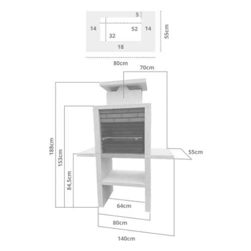 Dimensions barbecue en pierre avec plans inox 304 largeur 140 cm hauteur 188 cm